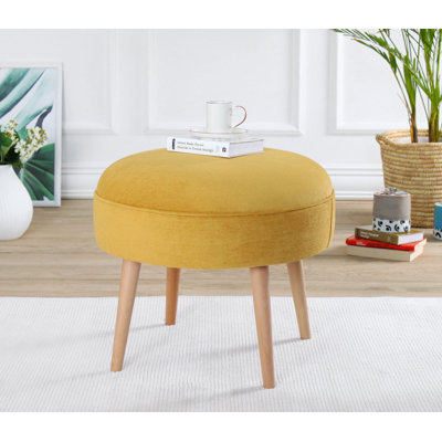 Élégant pouf avec pieds en bois de hêtre, jaune | 100% coton, 20,5 po de diamètre x 17,3 po de hauteur | 35 éponges orthopédiques 35 po, 2,4 po d'épaisseur | Parfait pour le salon, la chambre à coucher et les décors modernes