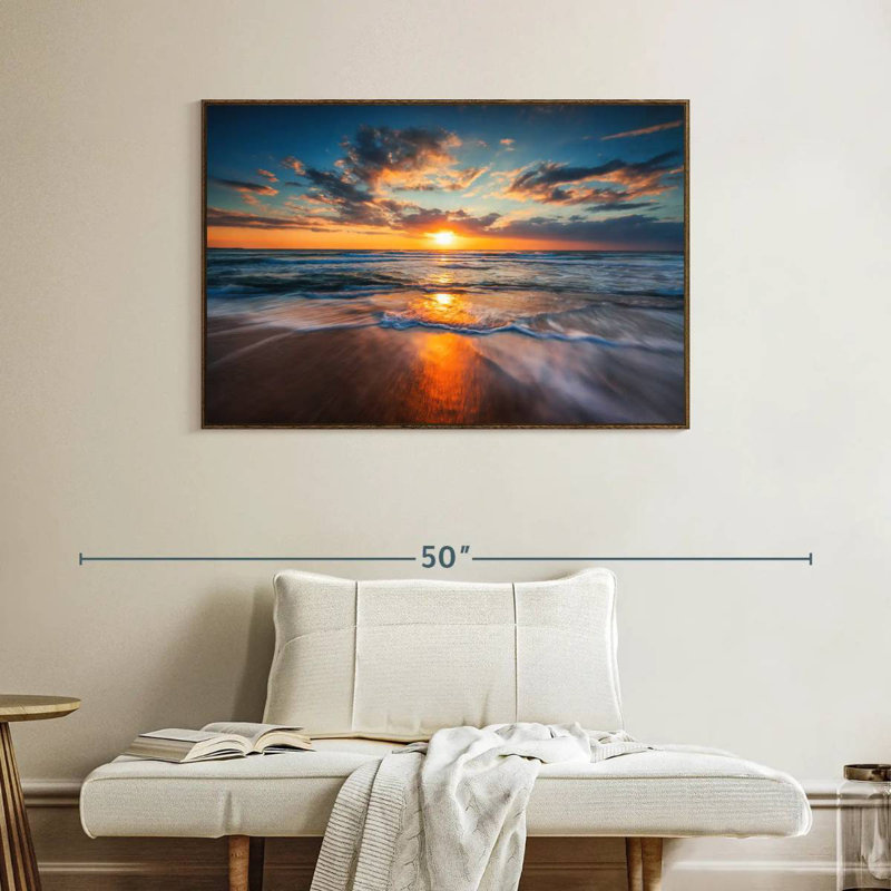 Été, océan, lever de soleil, Cadre flottant noyer, 40 po x 27 po