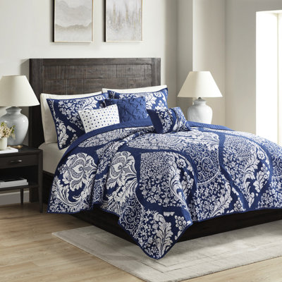 Indigo Full/queen Quilt , 6 Piece, Cotton Fabric, Elaborate Print, Warm And Comfortable Rest Indigo, Fashionable , Flange Border, Dream