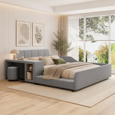Full Size Upholstered Grounded Bed, Mother & Child Bed With Bedside Desk And Little Round Stool