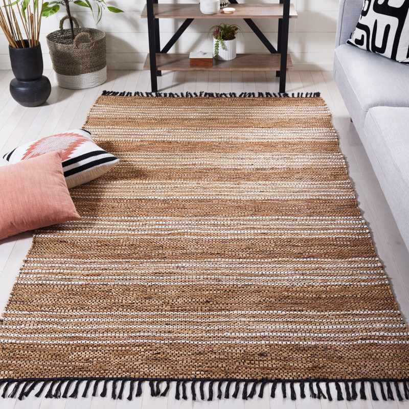 Preston Striped Hand-Woven Cotton/Leather/Jute Brown/Beige Area Rug, Rectangle 5' x 8'