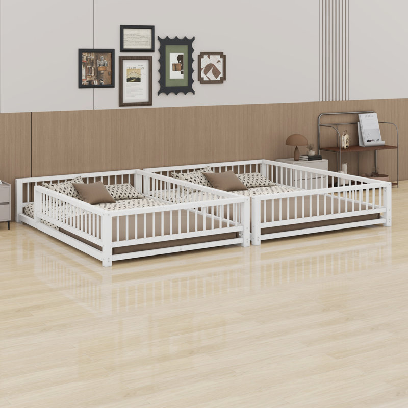 Floor Bunk Bed Frame With Ladder And Safety Guardrails, White