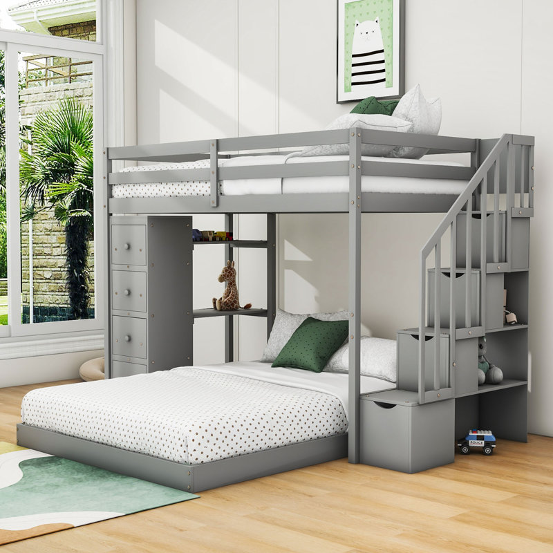 Lit superposé simple au dessus d'un lit double avec tiroirs Nyora Kids, gris