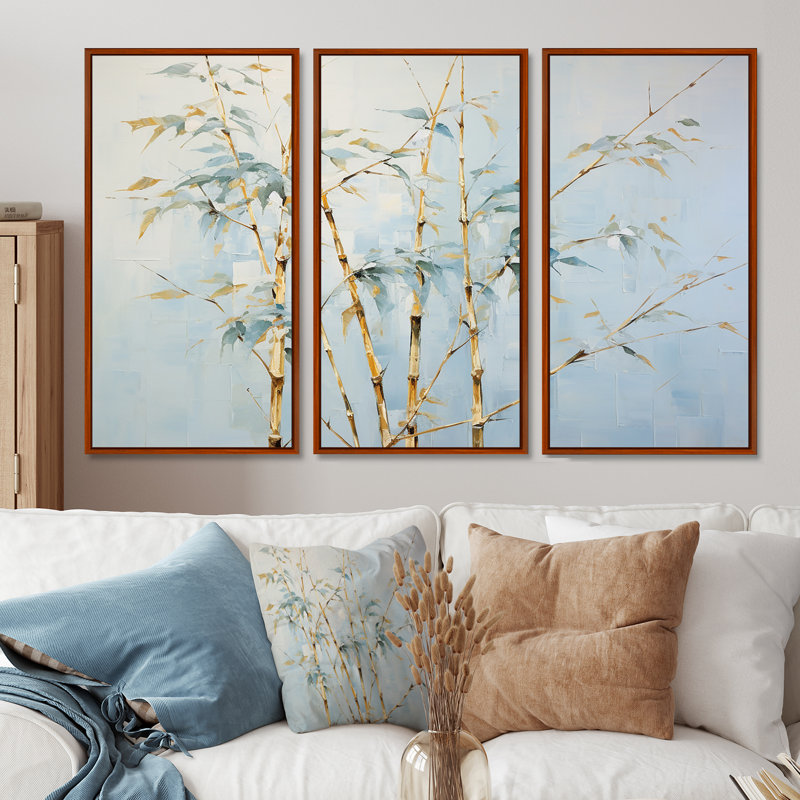 «Blue Zen Moment Bamboo», ensemble de reproductions d'art mural en bambou, H 40 po x l 60 po x P 1 po, Cadre flottant brun
