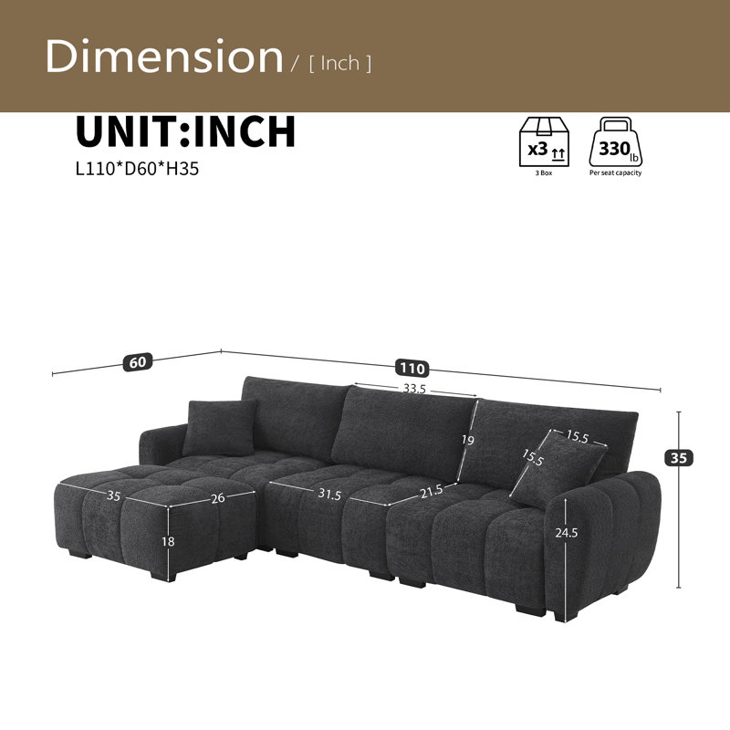 Canapé modulaire de 110 po, en forme de L avec siège très grand, conception à tirette, repose-pieds mobile, mousse haute densité, combinaison libre, structure en métal et en bois robuste, tissu bouclé
