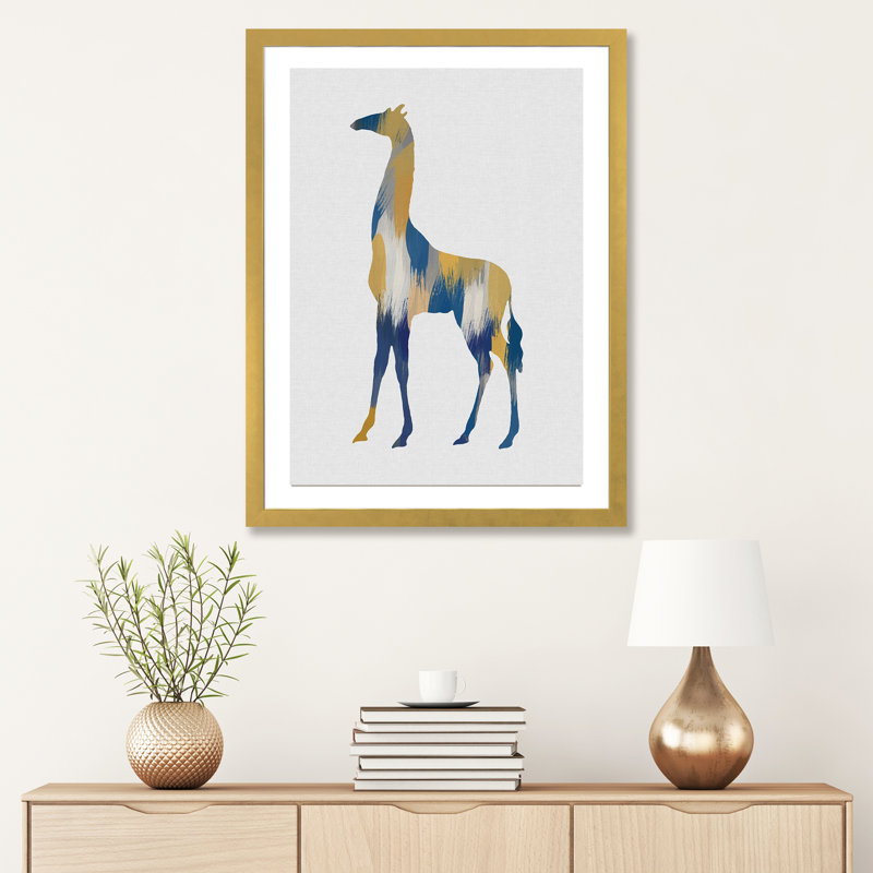 Girafe bleue et jaune - impression, H 32 po x l 24 po x P 1 po, Papier encadré doré