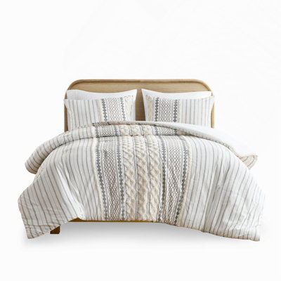 Ivory Cotton Printed Comforter Set with Chenille, Queen Size