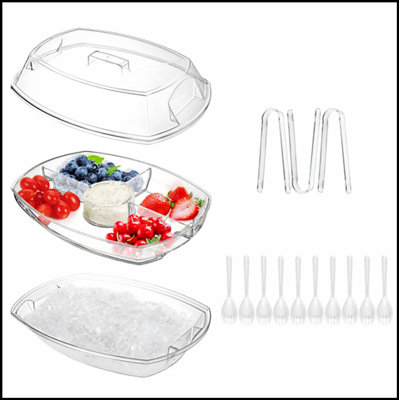 Fruit Ice Serving Tray with 4 Compartments, Lid, Tongs, and Sporks for Fresh Cold Food at Parties and Picnics