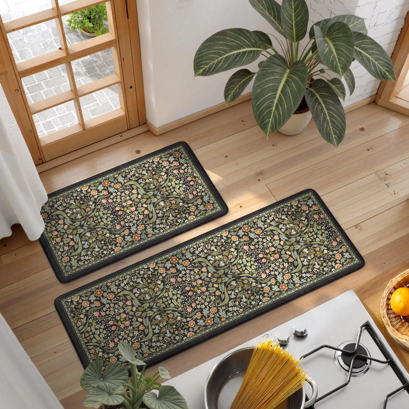 Kitchen Mats For Floor 2PCS, Cushioned Anti Fatigue Mat Non Slip Waterproof Kitchens Sink Rug, Vintage Spring Floral Rugs Comfort Standing Mat For Laundry, Desk, Bar, Office, Black