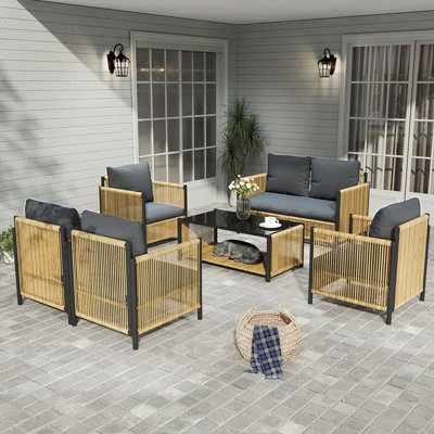 New Comming Patio 6 Pieces Brown PE Wicker Sofa Set With Grey Cushion