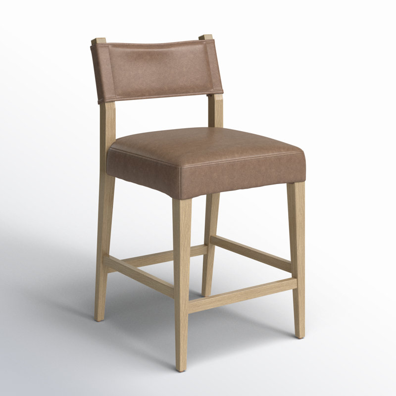 Lorretta Solid Wood Upholstered Low Back Stool, Counter Stool (25.98" Seat Height), Palermo Cigar Genuine Leather, Light Oak