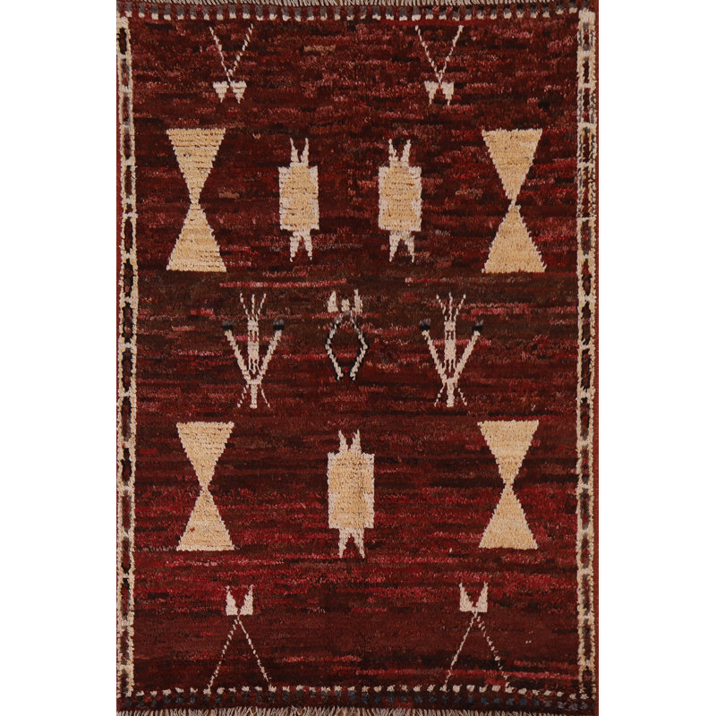 Tapis rouge en laine noué à la main de conception unique 4 pi 2 po x 5 pi 9 po New Age