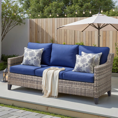 73.2" Outdoor Patio Sofa, 3-Seat Gray Rattan Couch With Blue Cushions Ideal For Balcony Or Porch