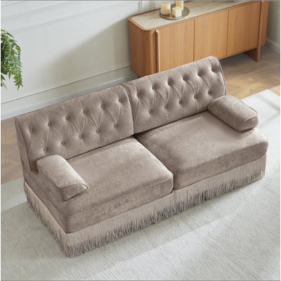 Canapé de style Chesterfield en velours doux, conception capitonnée à boutons, jupe de frange à franges sur le plancher, facile à assembler, combinaison libre, pour les salons