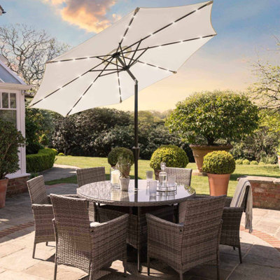 Dubose Round 6 - Person 130cm Long Dining Set with Cream LED Premium Parasol - Grey Weave