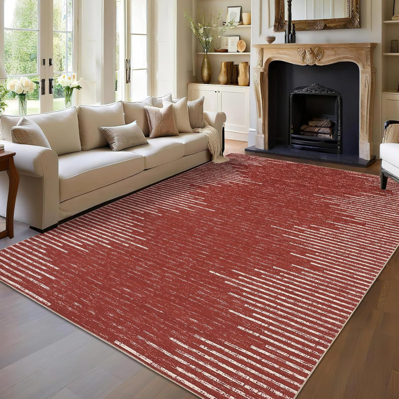 Area Rug 8X10 Washable Area Rugs For Living Room Bedroom Dining Room Neutral Area Rug Geometric Striped Carpet Stain Resistant Farmhouse Floor Cover Red