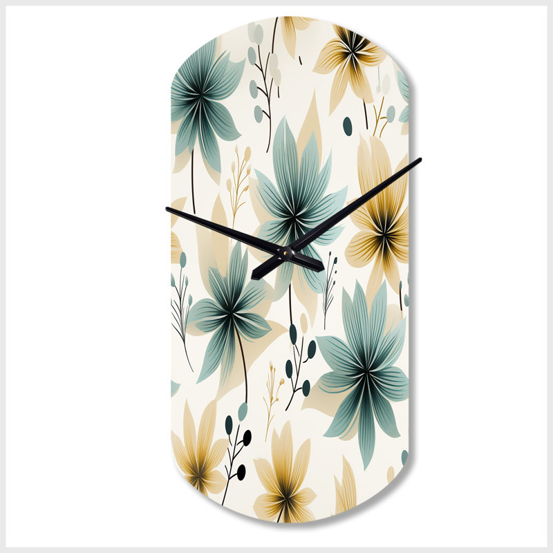 Motif floral élégant bleu sarcelle et beige - horloge murale cylindrique en métal, horloge murale asymétrique Cottage, Grand