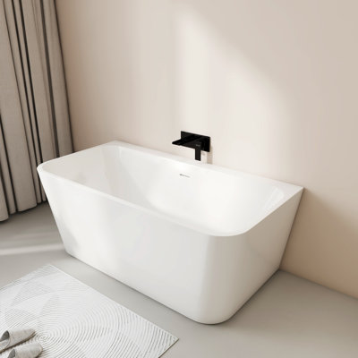 Baignoire autoportante en acrylique HIGEINE de 59 po, baignoire profonde, baignoire moderne dos à mur avec drain central et trop-plein intégrés
