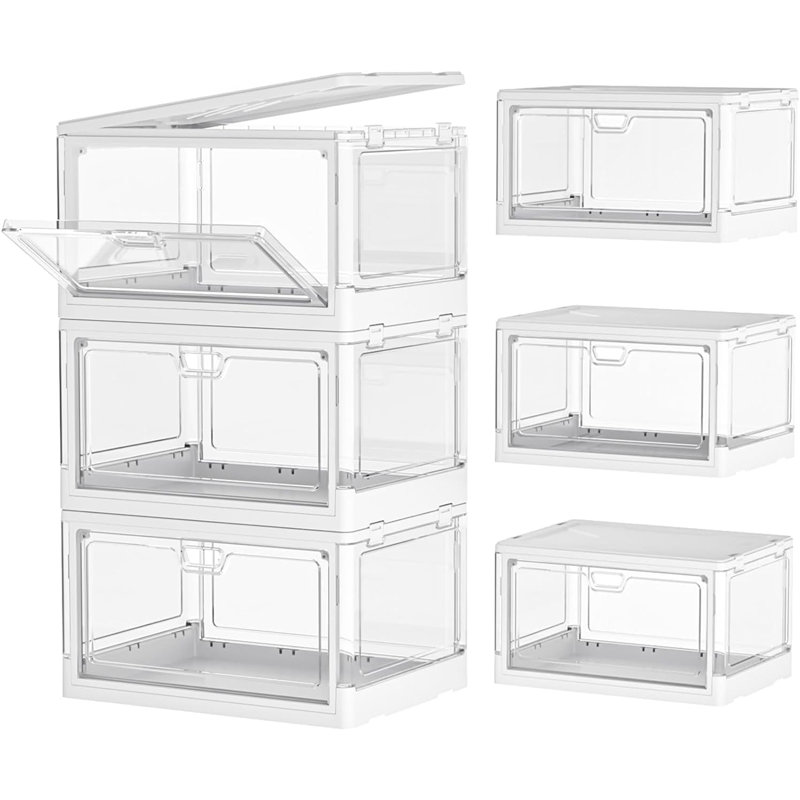 Transparent storage box with a lid, plastic multi-functional foldable storage box, foldable box with a magnetic suction door