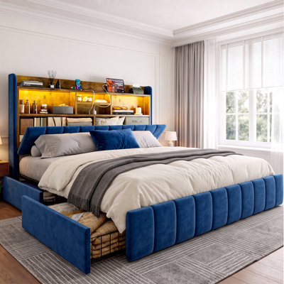 King Size Bed Frames With Hidden Storage Headboard & 4 Drawers,51.3" Tall Velvet Upholstered Storage Headboard With LED Lights And Charging Station,No Box Spring Needed,Heavy Duty Metal Slats,Noise Free,Navy Blue