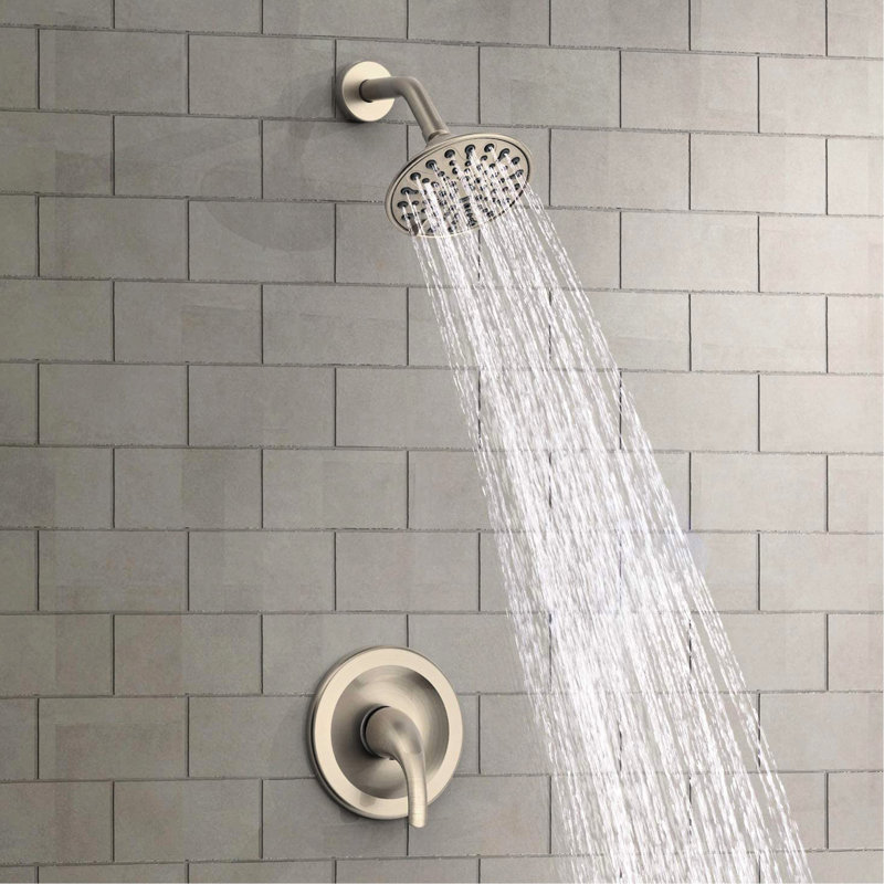 Wall - Mounted Single Handle 6 Spray Pattern Shower Head With Included Valve And Arm, 360 Adjustable Joint On Head, Holes For Easy Maintenance, Brushed Nickel Plastic Design Functions Valve,