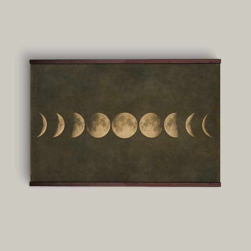 Très grande tapisserie murale Phases de lune très longues - conception de cycle lunaire rétro sur fond sombre avec cintre en bois