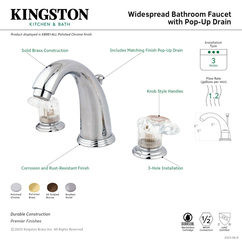 Kingston Brass Magellan Two-Handle 3-Hole Deck Mount Widespread Bathroom Faucet with Retail Pop-Up Drain, Polished Brass
