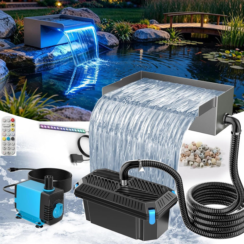 Trousse de filtration pour cascade de bassin de 30 cm avec pompe de 40 W et 660 GPH, éclairage DEL RVB et application/télécommande