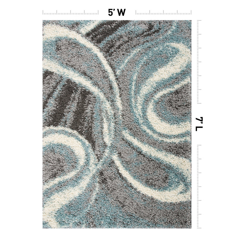 Farmerville Abstract Blue/Gray/Ivory Shag Area Rug, Rectangle 5' x 7'