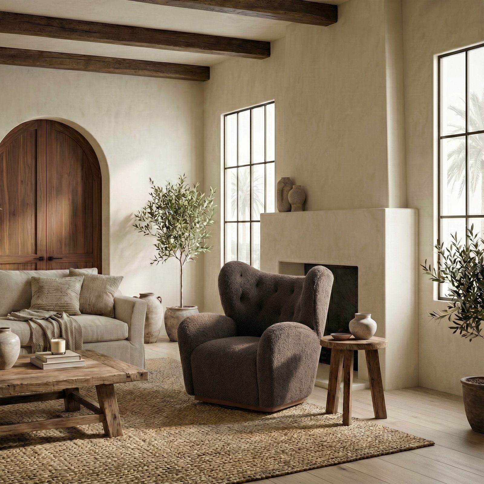 Galloway Swivel Accent Chair, Dark Brown Faux Shearling