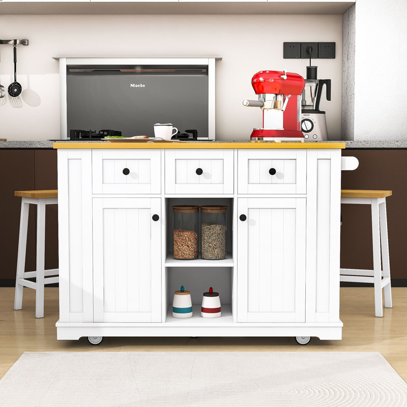 Kitchen Island with 2 Matching Bar Stools, Built-in Outlets and Ample Storage, White