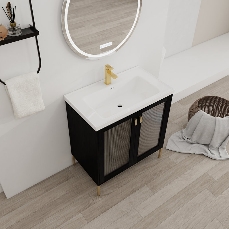 Meuble-lavabo autoportant avec lavabo en céramique et porte à fermeture douce