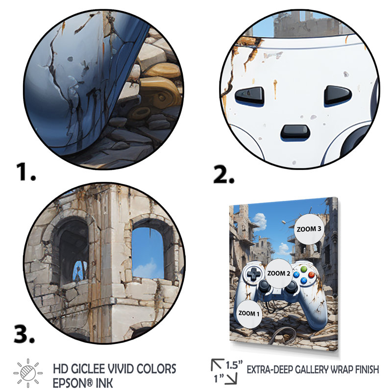 «White Ps Controler Paradise Ruins», art mural jeux vidéo, Cadre flottant doré, H 40 po x l 30 po x P 1,5 po