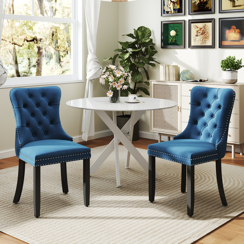 Round Wood Dining Set with Tufted Dining Chair, Blue, 3, White