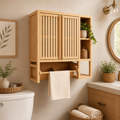 Savinr Bamboo Over The Toilet Wall Cabinet with Doors and 2 Shelves