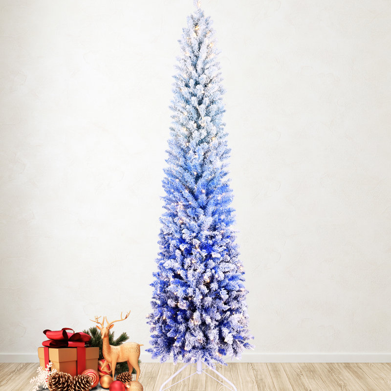 Arbre de Noël enneigé 7 pi avec dégradé bleu, 300 lumières à DEL blanc chaud, 725 pointes, structure à charnière pour arbre de dégradé de décor pour petit bureau, coin de maison réaliste