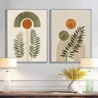 Art mural moderne orange et vert - formes modernes Mid-Century 2 pièces