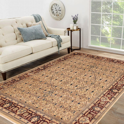 Tapis rouge / brun clair en laine noué à la main à motif oriental 7 pi 11 po x 9 pi 11 po Roby