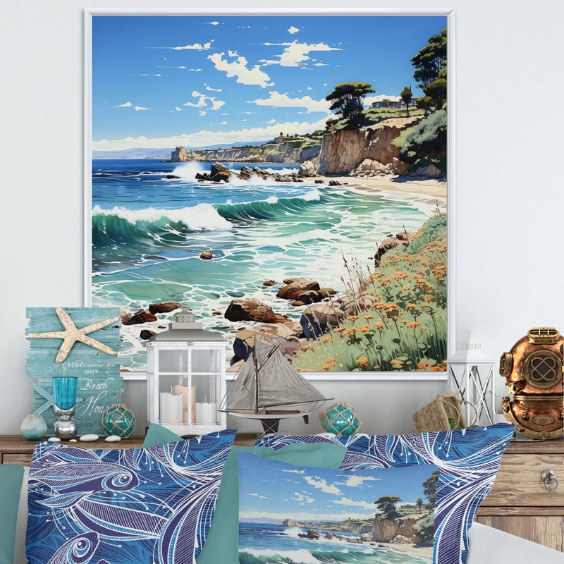 " Beach Contrast Pointillism II ", White Floater Framed, 16" H x 16" W x 1" D