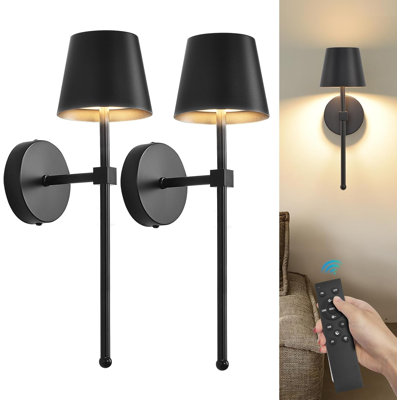 Hoxiya Wall Sconces Set Of 2 Battery Operated, Small Wireless Rechargeable Led Wall Lighting With Remote, Dimmable 3 Colours Battery Powered Wall Decor Lights, Cordless Wall Lamp For Bedroom (black)