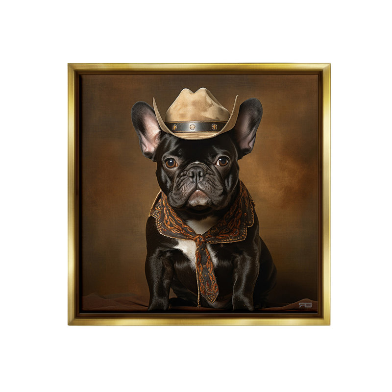 «French Bulldog Portrait Floater Frame» par RB sur toile, Cadre flottant métallique doré, H 25 po x l 25 po