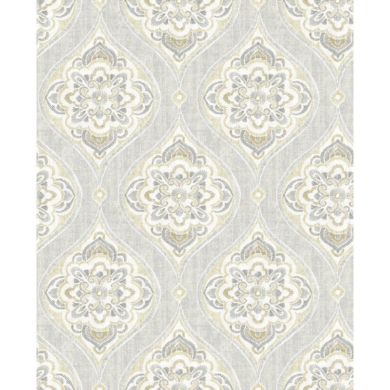 Adele Damask Wallpaper Roll, Light Gray, 33'