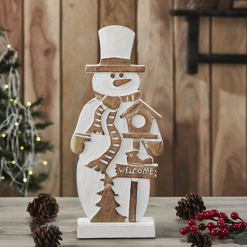 Figurine en bois sculpté festif avec bonhomme de neige 16 x 7 x 2,25