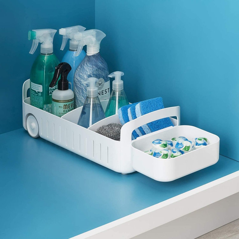 Bac de rangement roulant Rollout Caddy - 8 po de largeur avec 2 cloisons réglables et panier amovible pour l'organisation sous l'évier dans la cuisine et la salle de bain