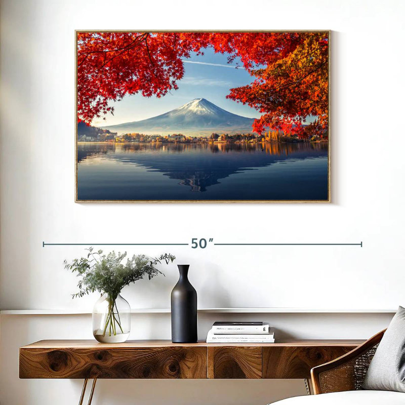 Mont Fuji - automne, Cadre flottant en bois naturel, 40 po x 27 po
