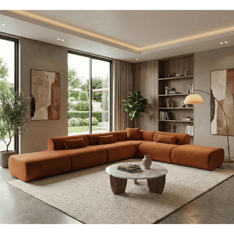 Vivienne Collection Luxury L-shape Sectional Sofa, Ginger Velvet