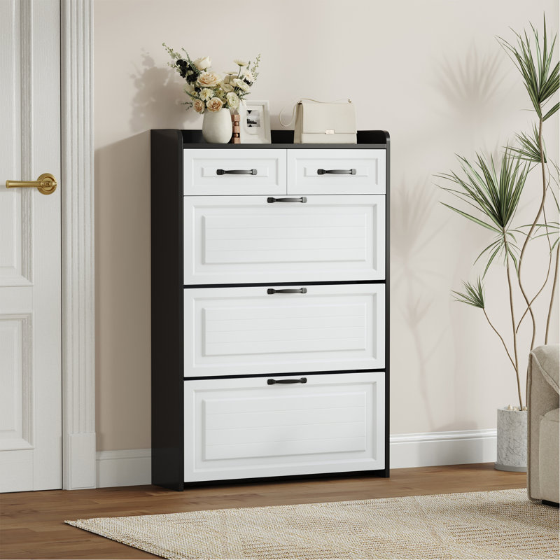 Black Color Shoe Cabinet With 3 Doors 2 Drawers,Pvc Door With Shape ,Large Space For Storage