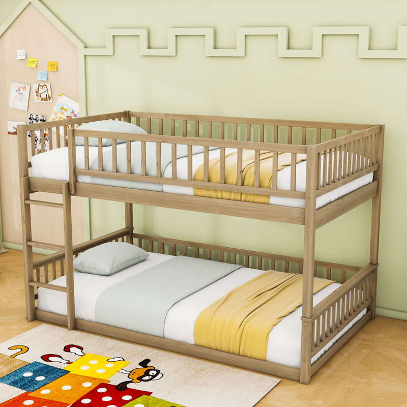 Queen Over Queen Wooden Bunk Bed With Slats And Guardrails, Walnut