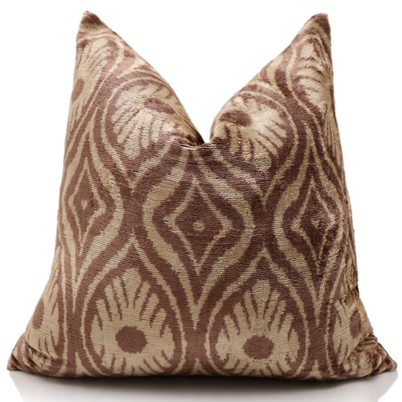 Coussin en velours de soie rose terre cuite noué à la main - 20 x 20 ikat Ogee