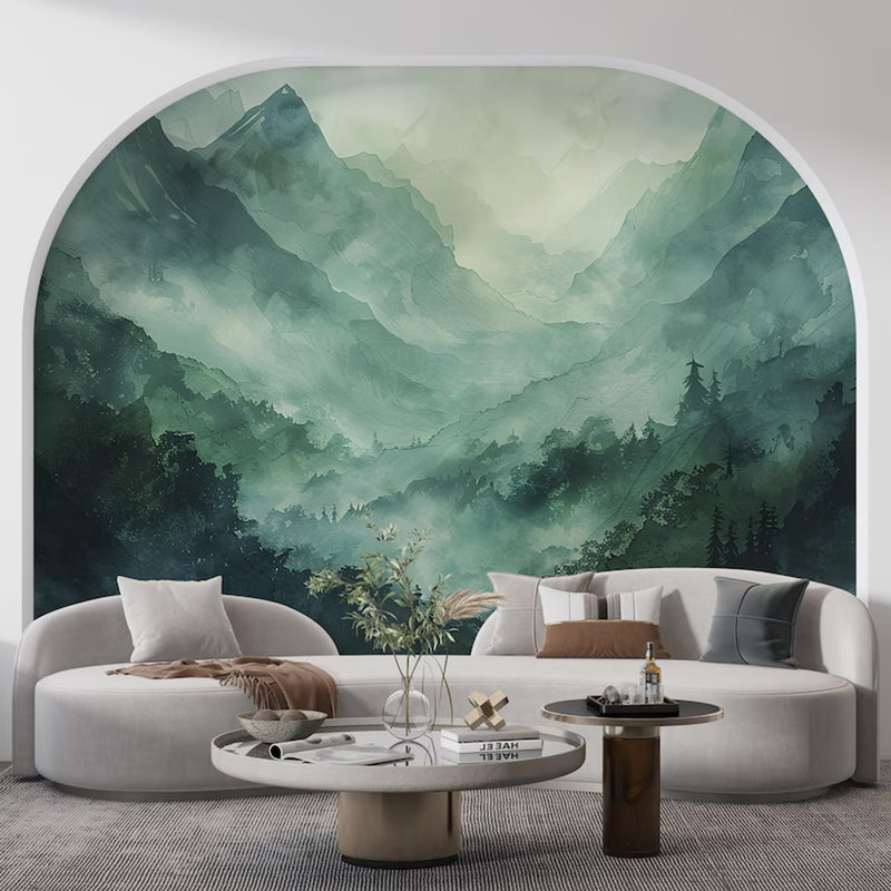 Murale Misty Teal Mountain Valley, 96" Lx 108" W